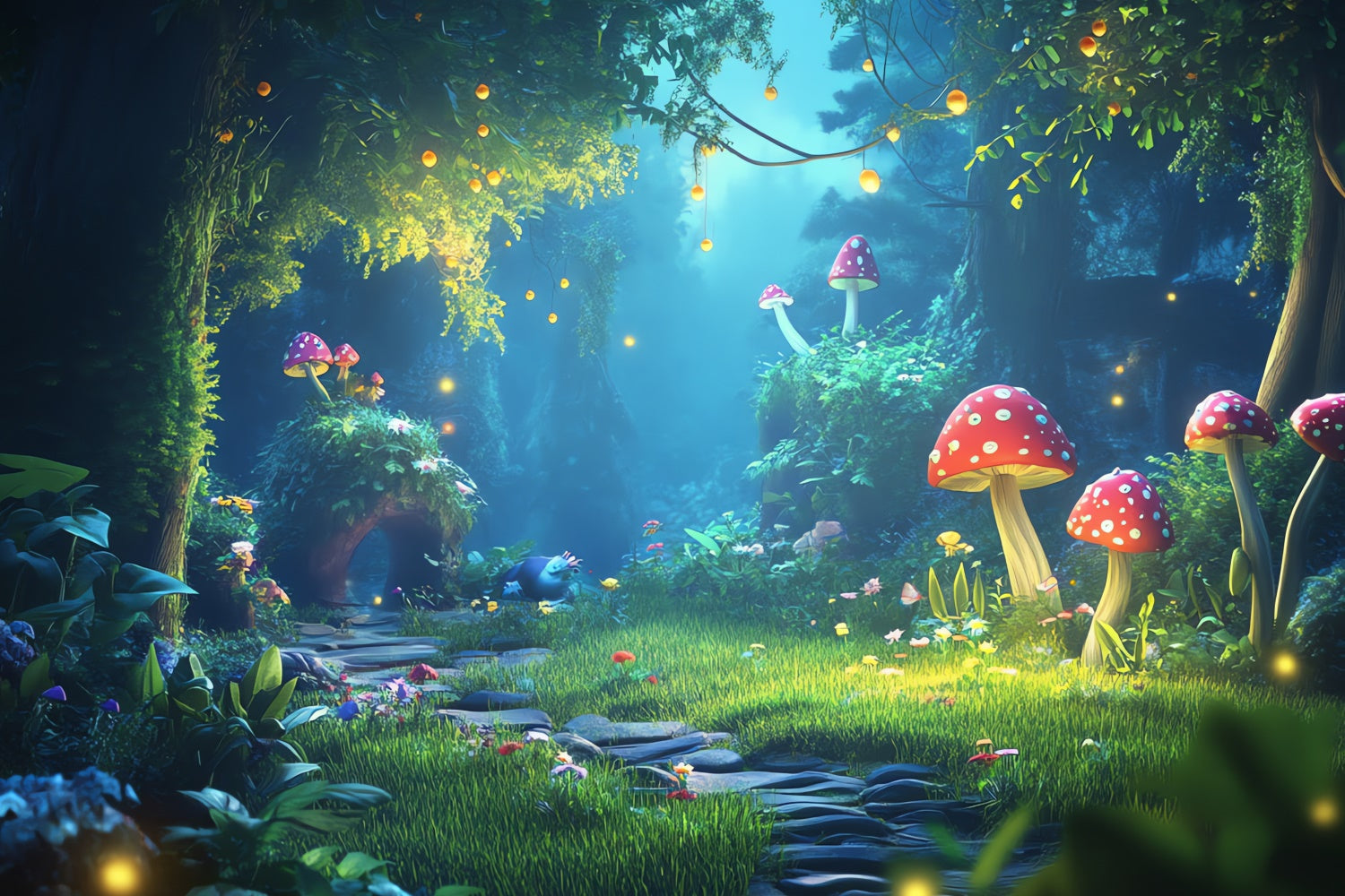 Toile de Fond Fantaisie Forêt Sentier Brillant Champignons Rêveurs CJJ2-126