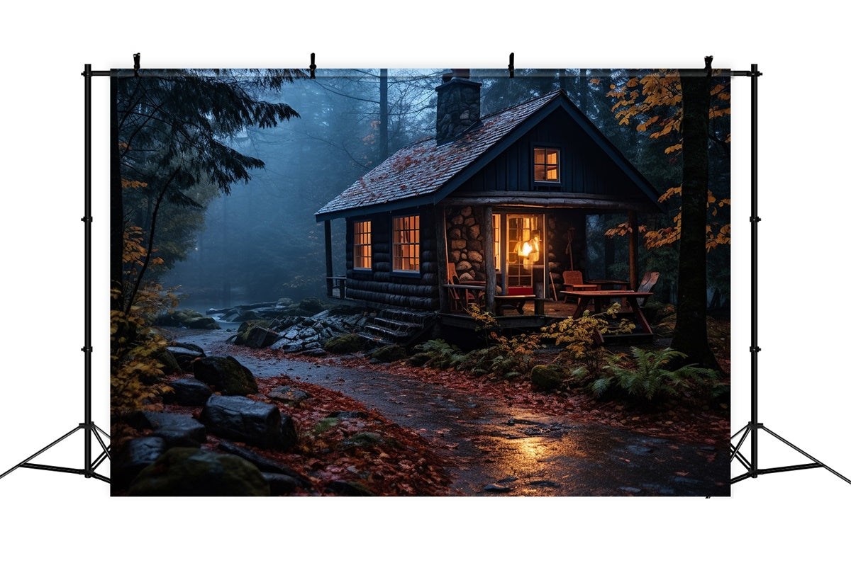 Toile de Fond Automne Forêt Cabane Rustique Pluie d’Automne CJJ2-129