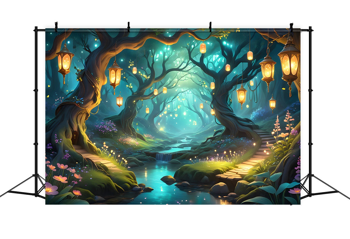 Toile de Fond Fantaisie Forêt Sentier Lanternes Magique CJJ2-133