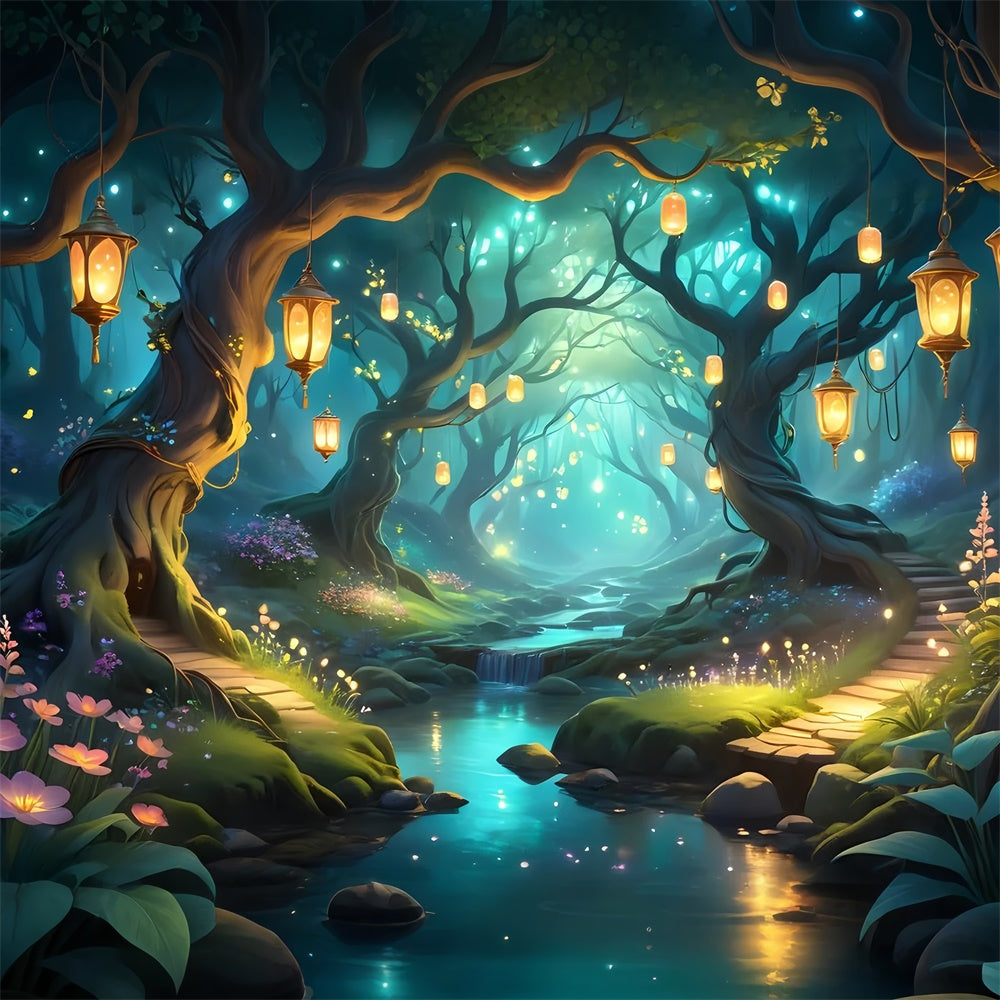 Toile de Fond Fantaisie Forêt Sentier Lanternes Magique CJJ2-133
