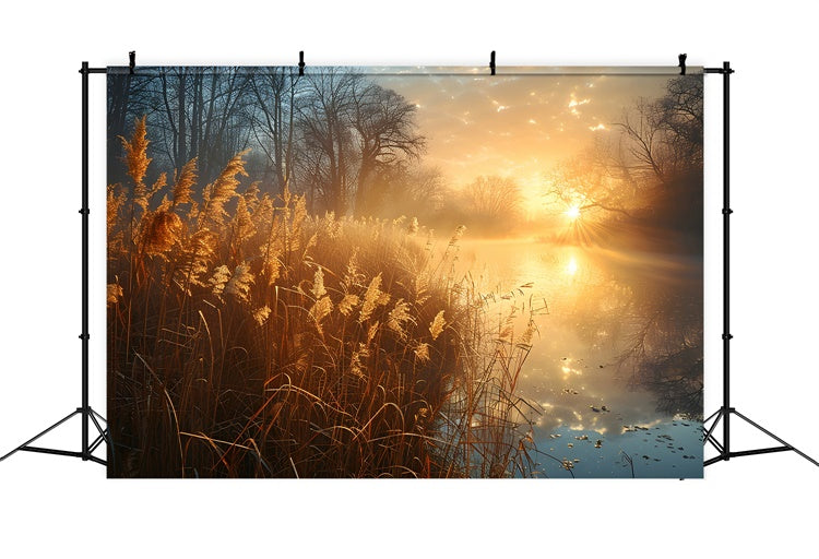 Toile de Fond Photographie Forêt Roseaux Paisibles Lac Ensoleillé CJJ2-136
