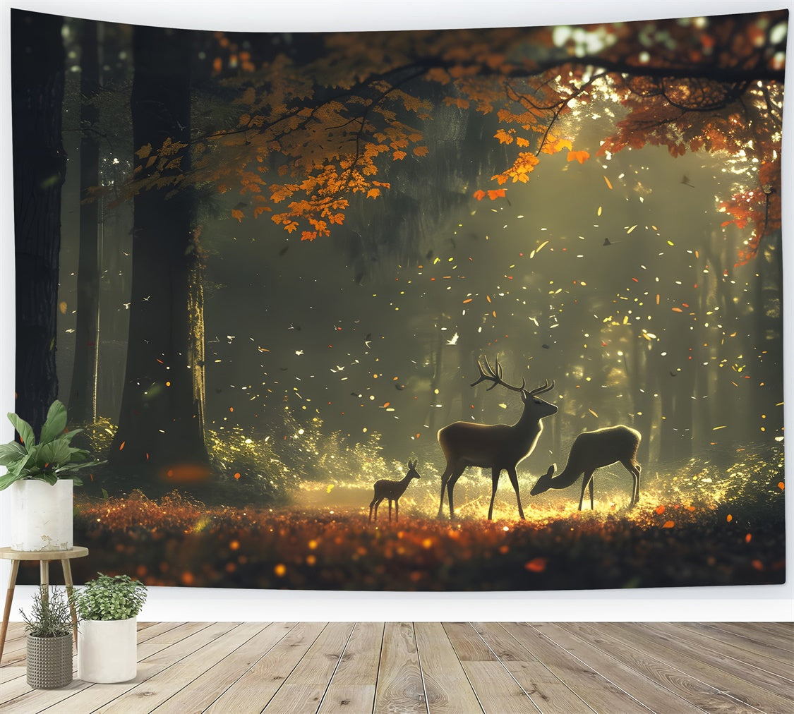 Toile de Fond Automne Forêt Bois Ensoleillé Cerf CJJ2-138