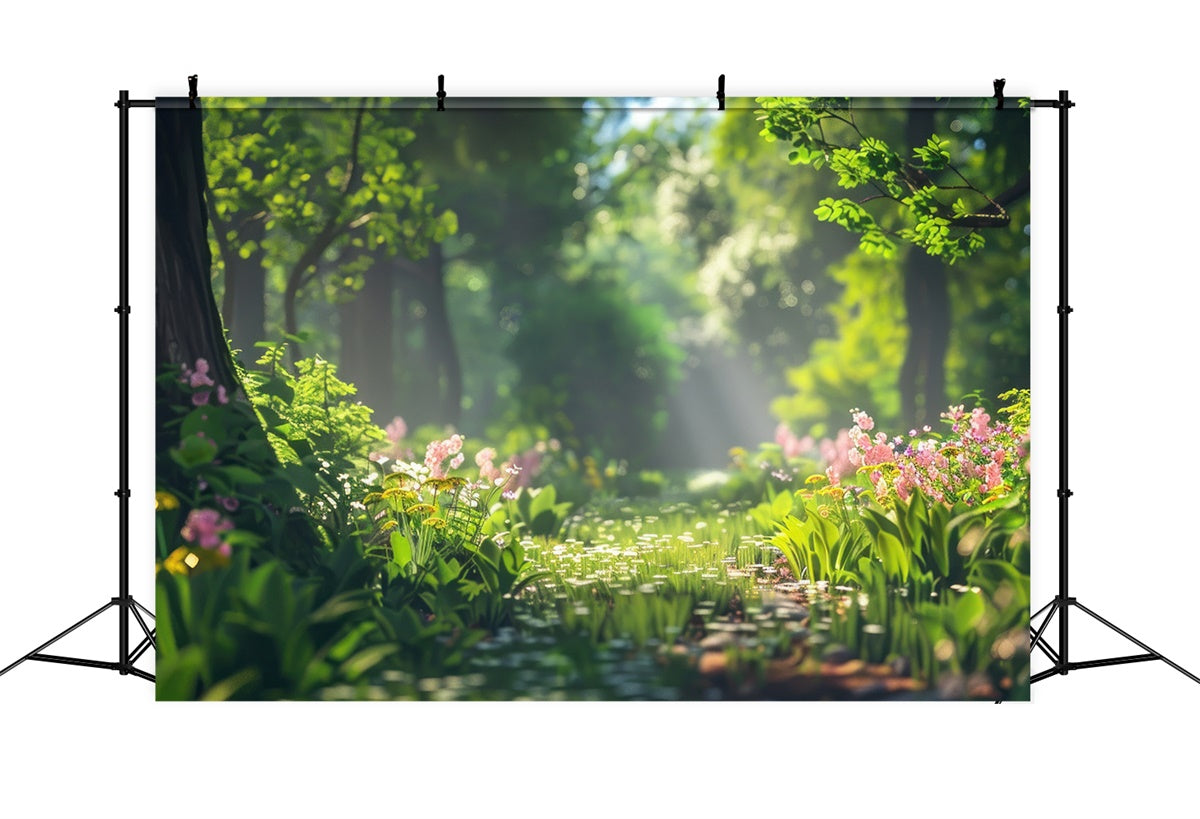 Toile de Fond Photographie Forêt Rayon de Soleil Doré Fleurs Sauvages CJJ2-40