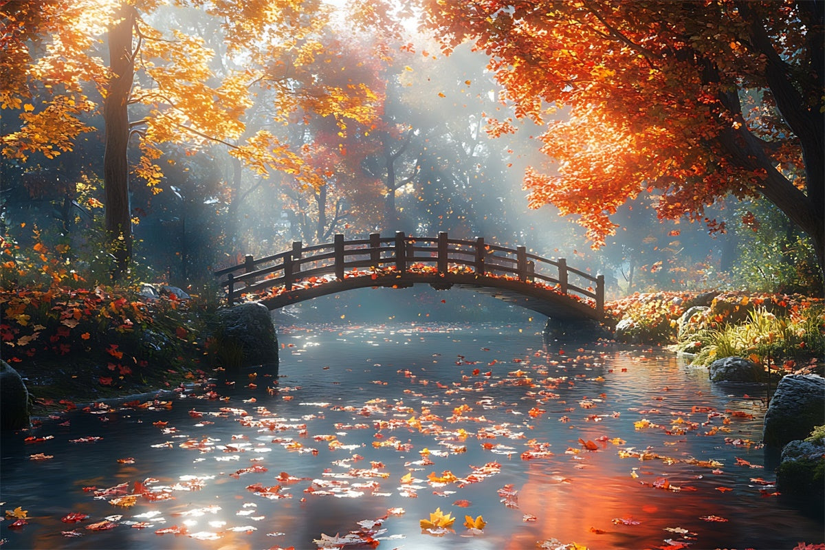 Toile de Fond Automne Forêt Pont Feuilles d’Érable Tranquille CJJ2-52