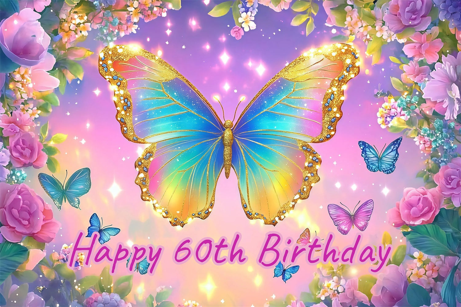 Toile de fond Anniversaire Personnalisable Papillon Pailleté Coloré 60ème CJJ3-201