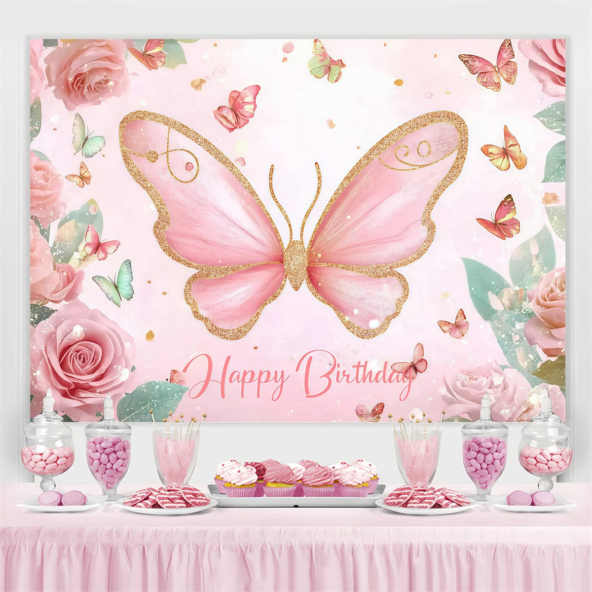 Toile de fond Anniversaire Personnalisable Papillon Rose Floral CJJ3-203