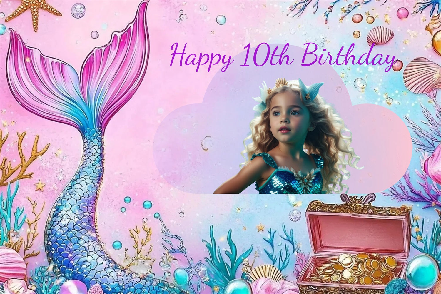 Toile de fond Anniversaire Personnalisé Sirène Magique Monde Sous-Marin 10ème CJJ3-205
