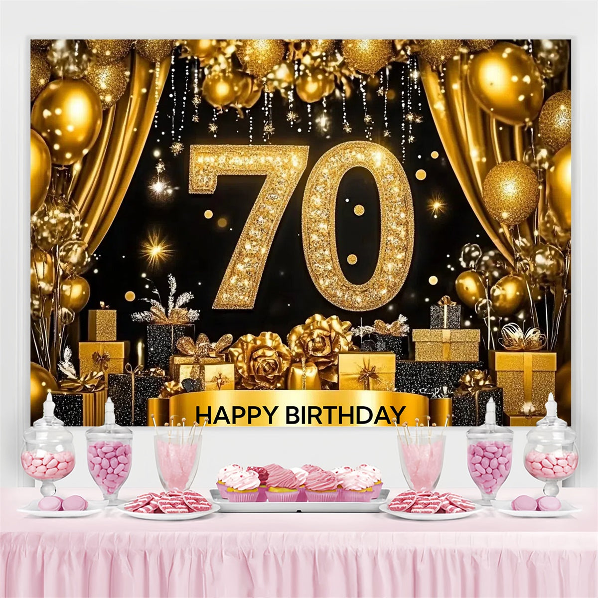 Toile de fond Anniversaire Personnalisable Ballons Dorés Étincelants 70ème CJJ3-209