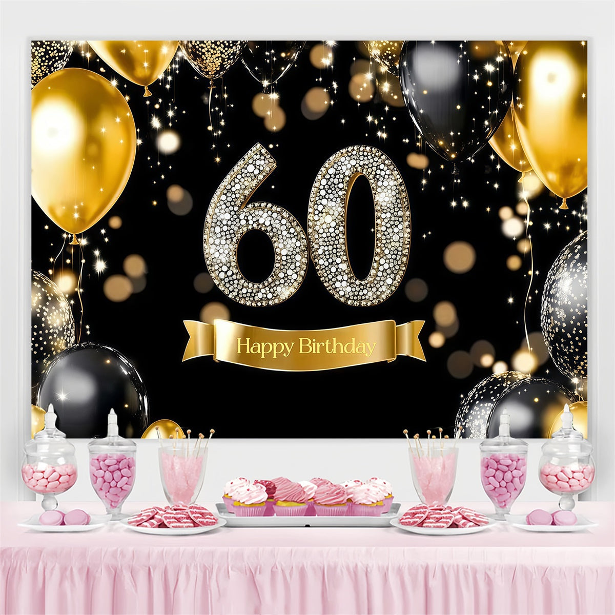 Toile de fond Photo Anniversaire Personnalisable Ballon Diamant Brillant 60ème CJJ3-213