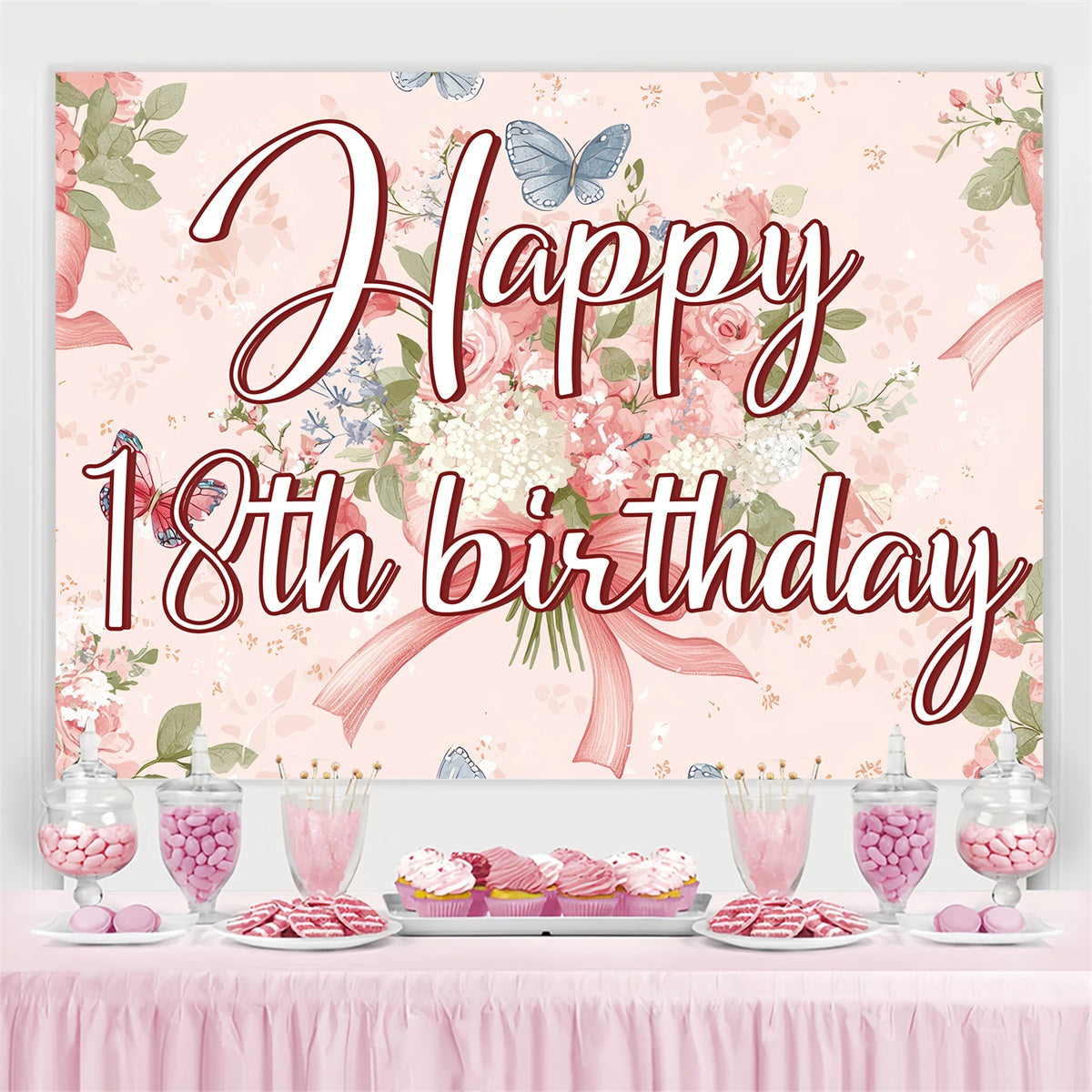 Toile de fond Anniversaire Personnalisable Fleur Rose Romantique 18ème CJJ3-221