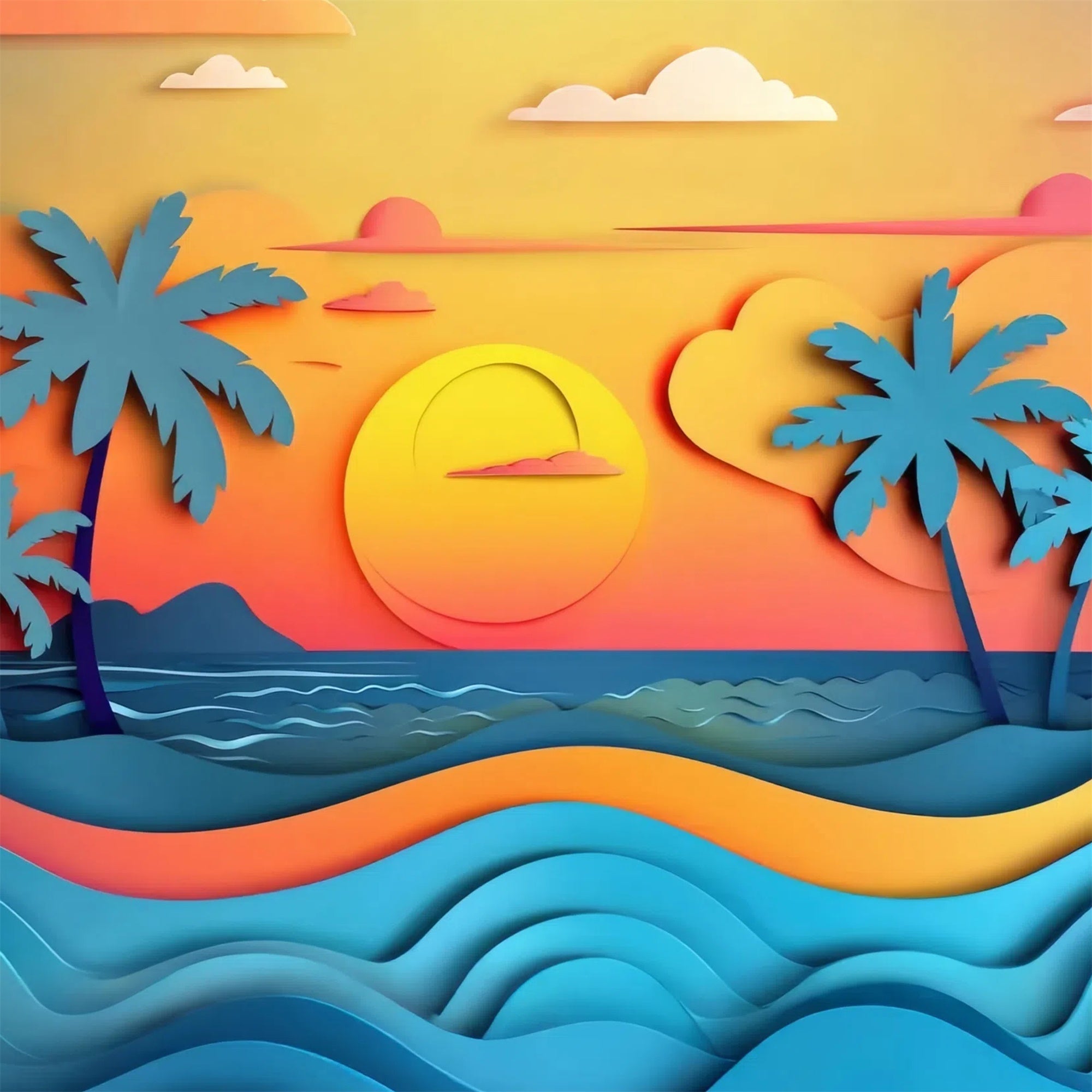 Toile de fond de Plage Été Coucher de Soleil Palmiers Mer CJJ3-230