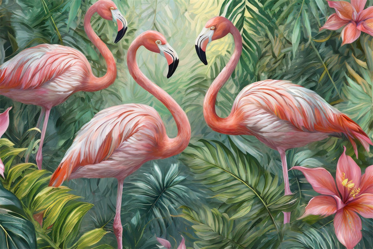 Toile de fond Été Tropicale Flamants Roses Forêt Fleurs CJJ3-234