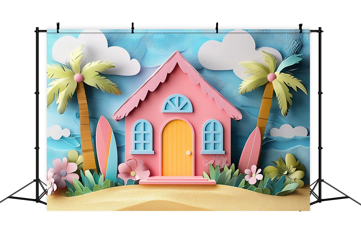 Toile de fond Été Maison de Plage Rose Dessin Animé CJJ3-241