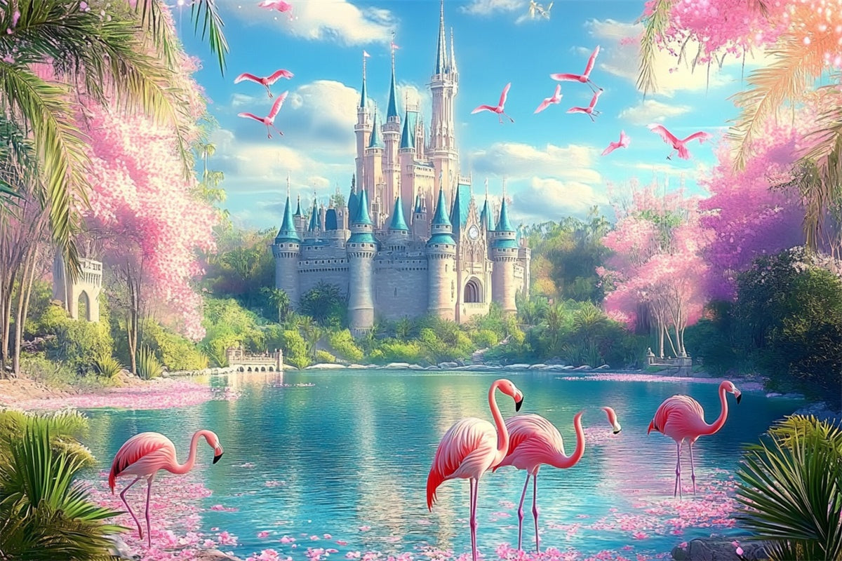 Toile de fond de Plage Été Tropicale Château de Rêve Flamant Rose CJJ3-247