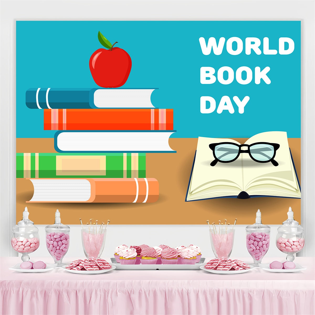 Toile de fond Journée Mondiale du Livre Livres d'École et Pomme CJJ3-65