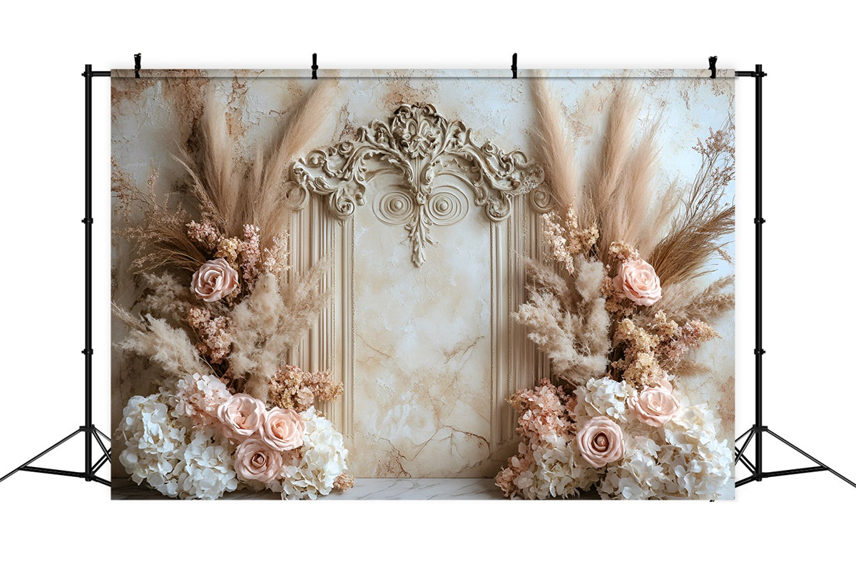 Toile de fond Mur de Fleurs Arche Douce Roses et Pampa CSH2-229