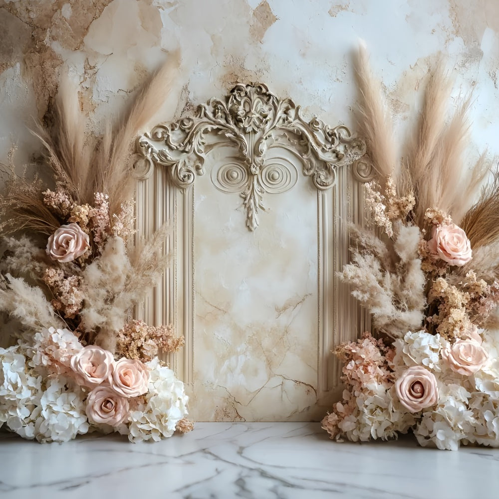 Toile de fond Mur de Fleurs Arche Douce Roses et Pampa CSH2-229