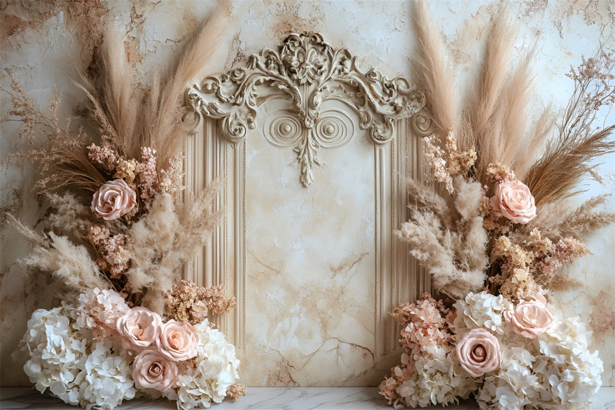 Toile de fond Mur de Fleurs Arche Douce Roses et Pampa CSH2-229