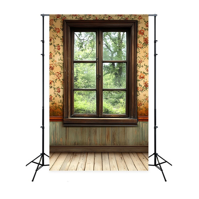 Toile de fond Mur Vintage Fenêtre en Bois Motif Floral CSH2-255