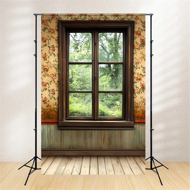 Toile de fond Mur Vintage Fenêtre en Bois Motif Floral CSH2-255