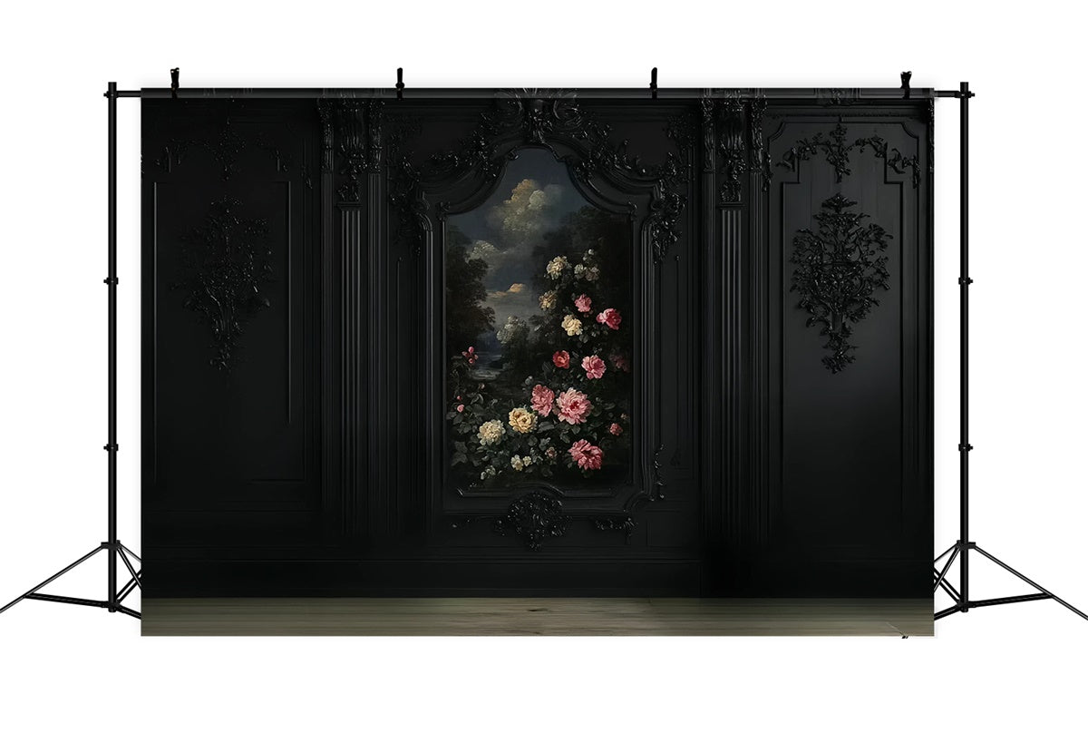 Toile de fond Mur Noir Floral Mur de Roses Noires CSH2-259