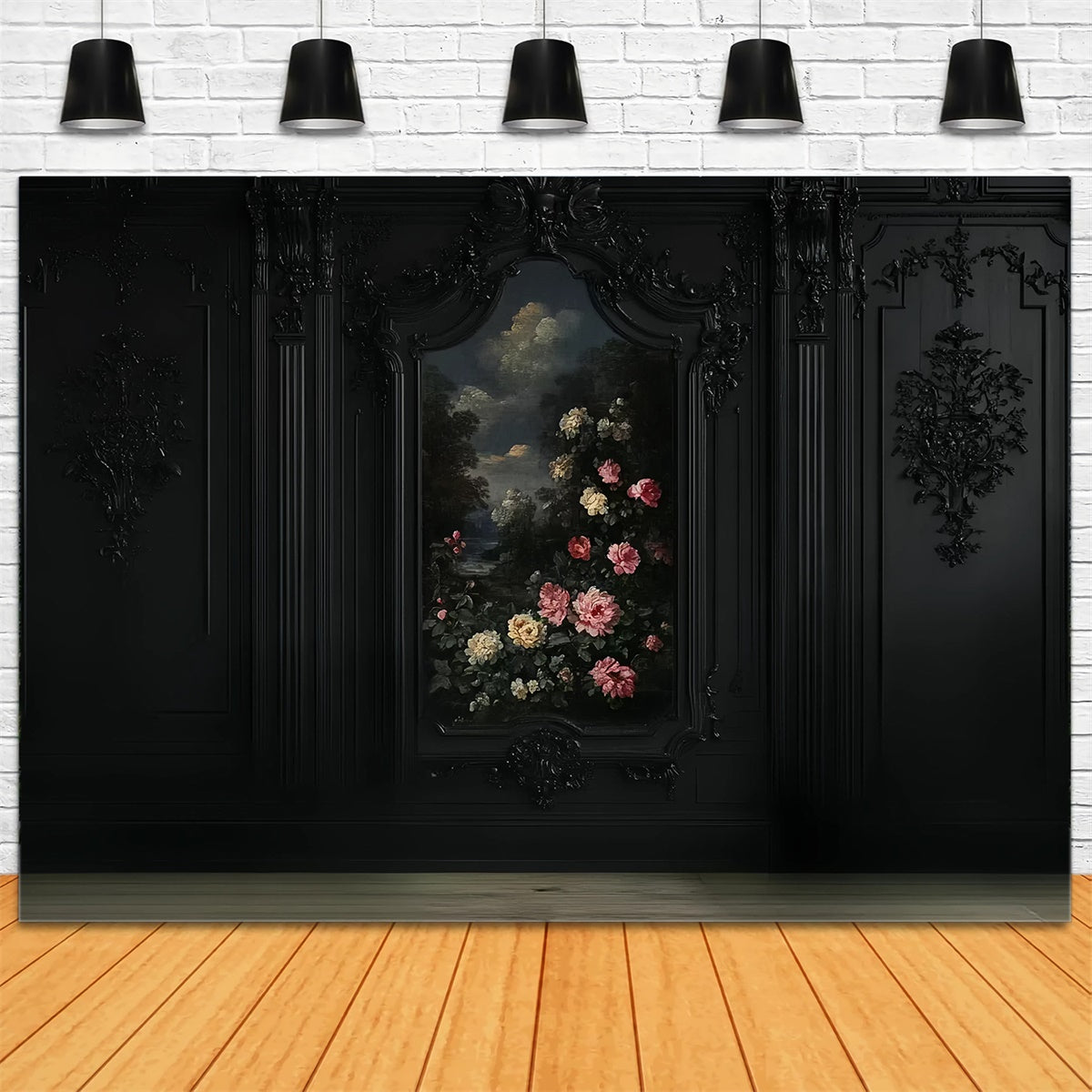 Toile de fond Mur Noir Floral Mur de Roses Noires CSH2-259