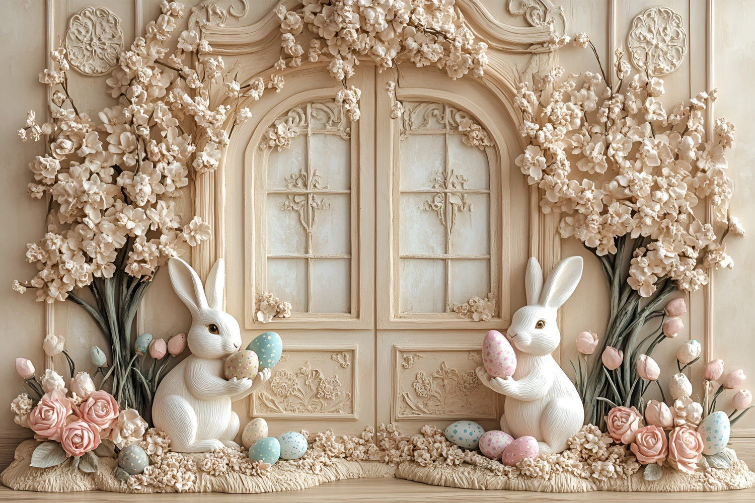 Toile de Fond Studio Photo Pâques Lapin Floral Fantaisie Crème CSH2-57