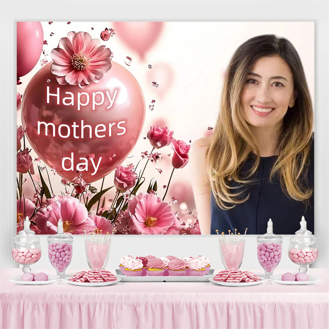 Toile de fond Fête des Mères Ballons Roses Fleurs Personnalisée CSH3-194