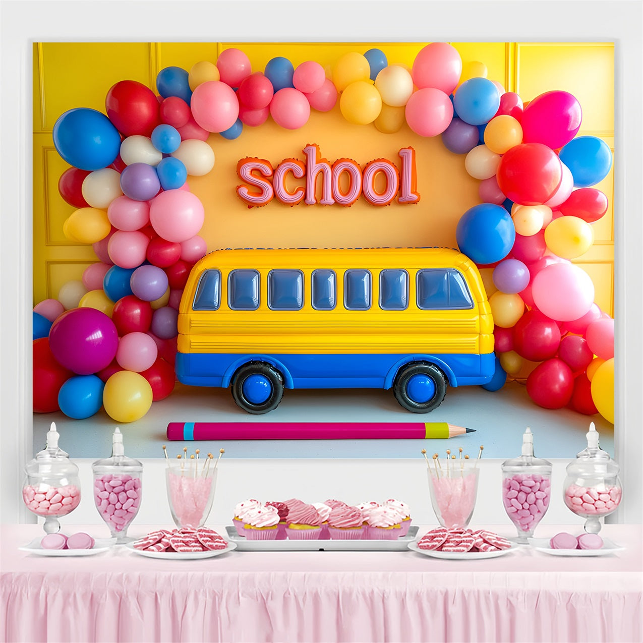 Toile de fond Rentrée des Classes Bus Scolaire Jaune Joyeux CSH3-38