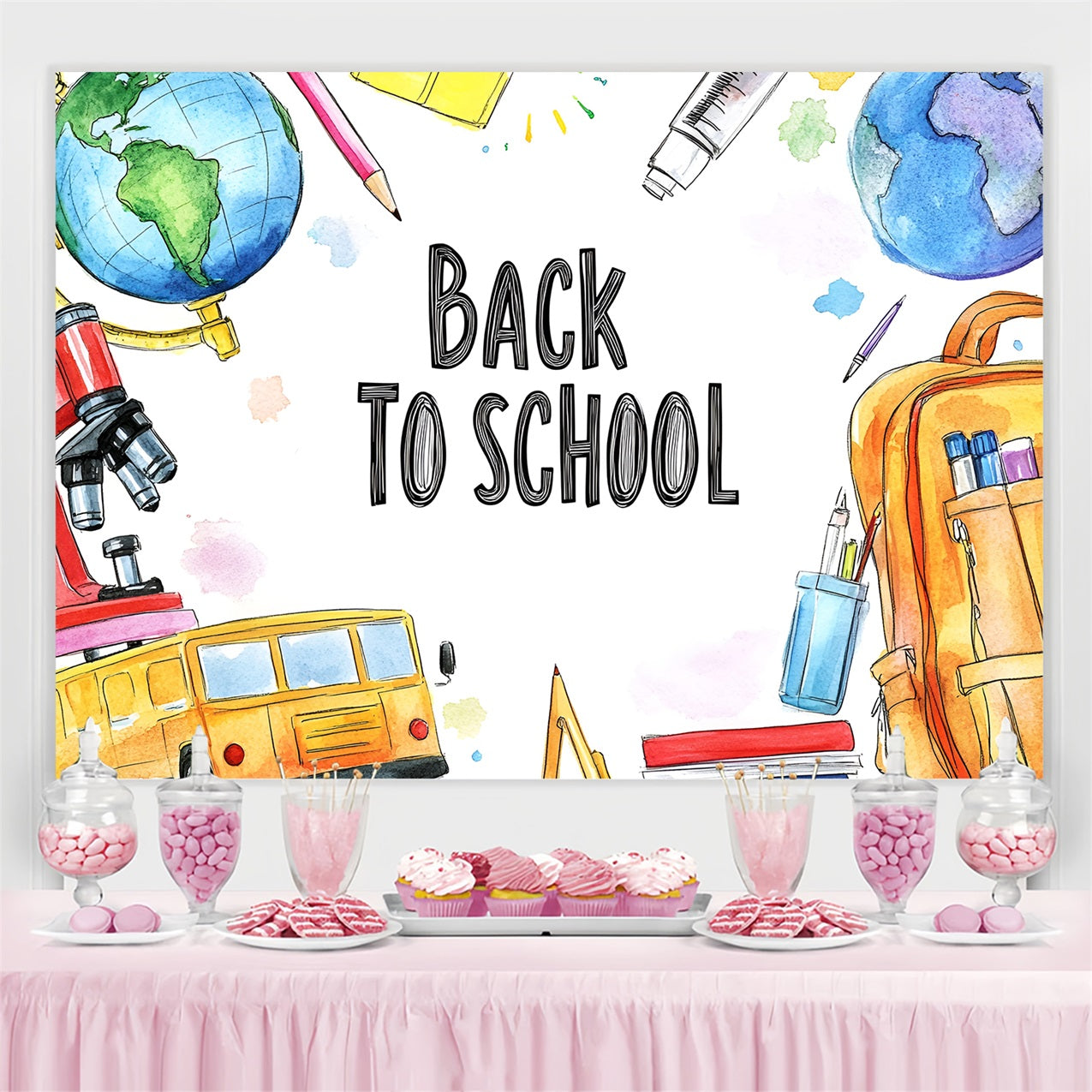 Toile de fond Rentrée des Classes Fournitures Scolaires Aquarelle CSH3-50