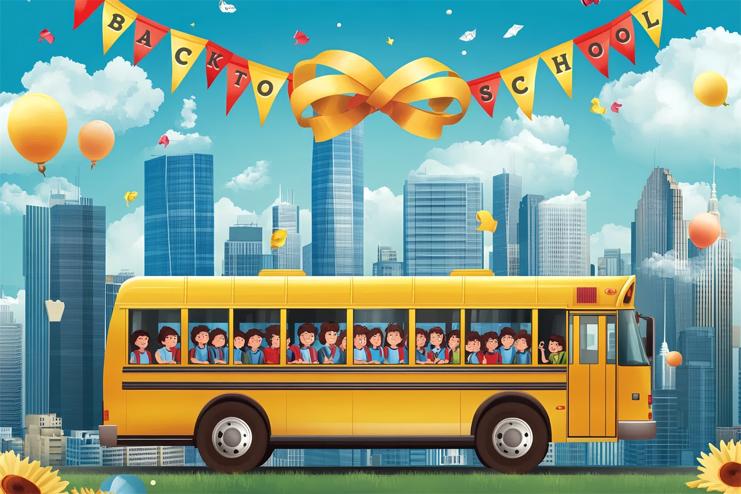 Toile de fond Rentrée des Classes Bus Scolaire Jaune Paysage Urbain CSH3-55