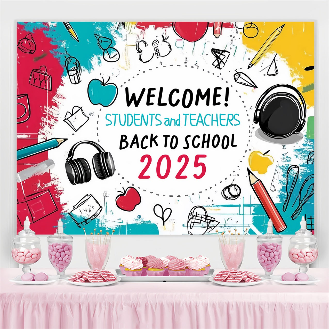 Toile de fond Rentrée des Classes Griffonnages Fournitures Scolaires CSH3-59