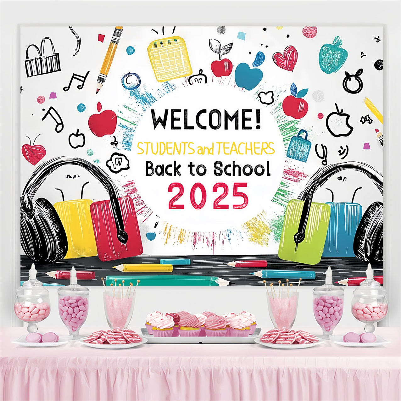 Toile de fond Rentrée des Classes Fournitures Scolaires Artistiques et Vibrantes CSH3-60