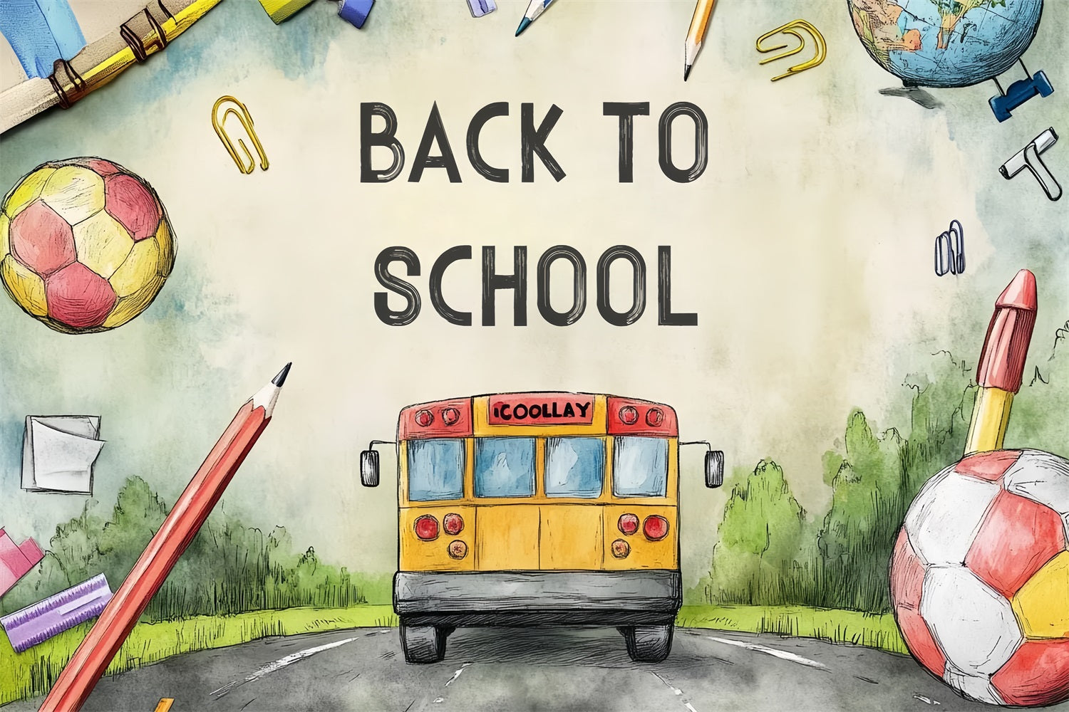Toile de fond Rentrée des Classes Aquarelle Route Bus Scolaire CSH3-63
