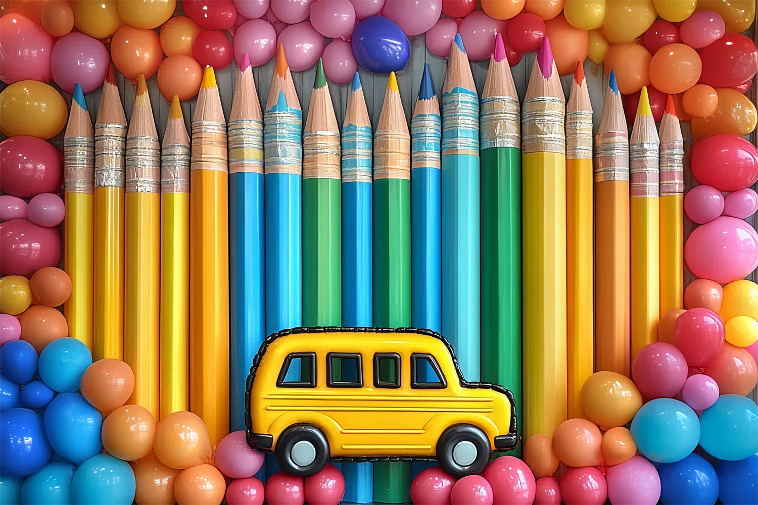 Toile de fond Rentrée des Classes Arc-en-Ciel Crayons Ballons Fête CSH3-65