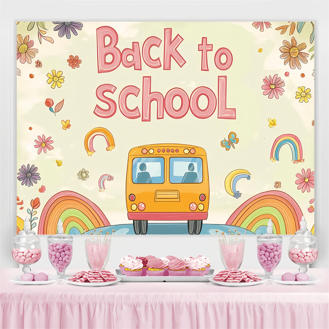 Toile de fond Rentrée des Classes Bus Scolaire Aquarelle Douce CSH3-66
