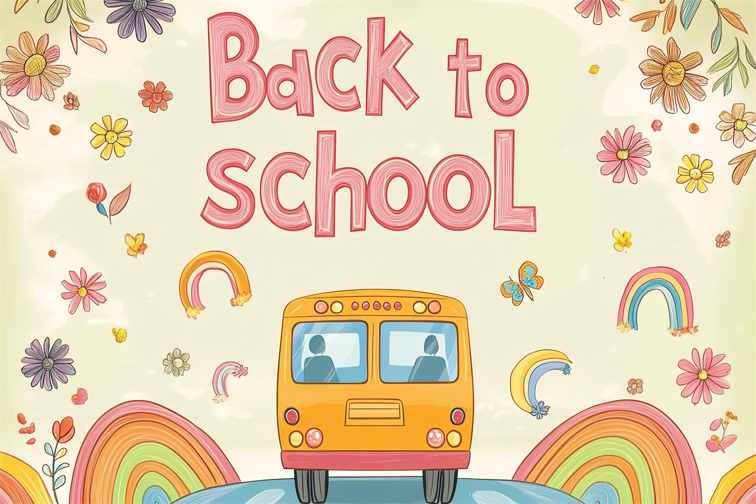 Toile de fond Rentrée des Classes Bus Scolaire Aquarelle Douce CSH3-66