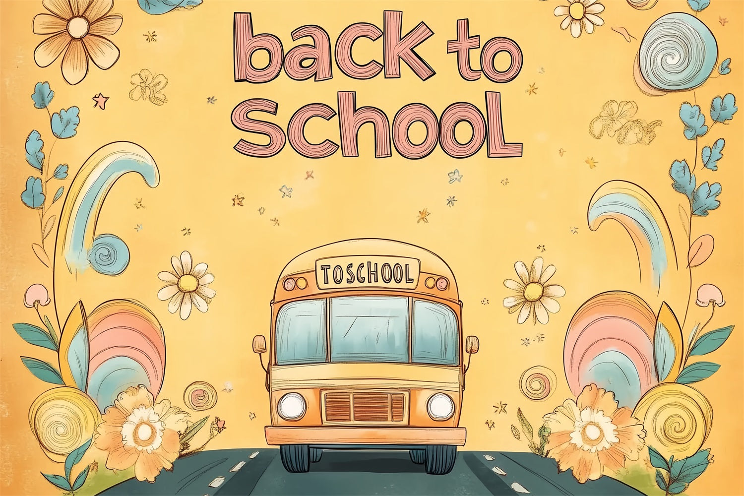 Toile de fond Rentrée des Classes Bus Scolaire Floral Dessiné à la Main CSH3-67