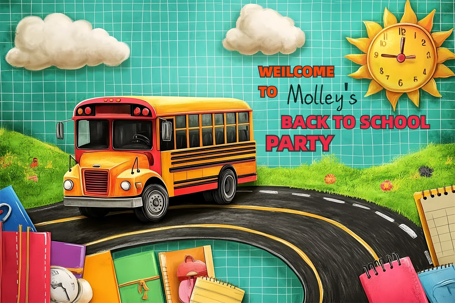 Toile de fond Rentrée des Classes Aventure en Bus Scolaire Personnalisé CSH3-90