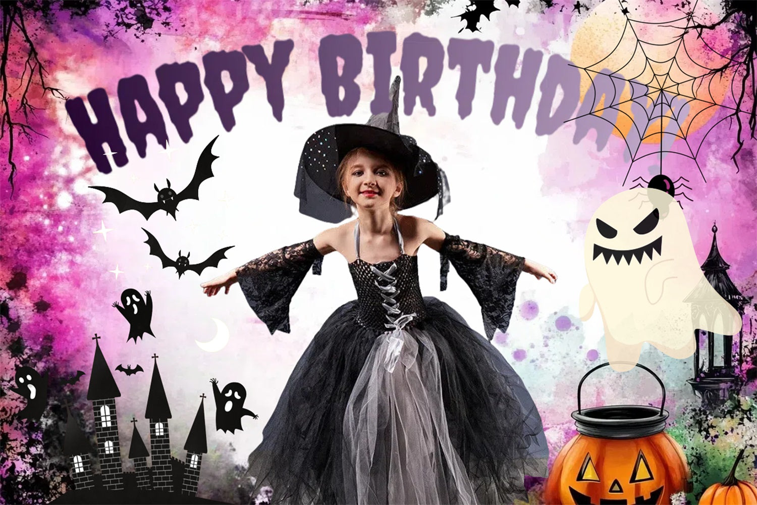 Toile de fond Anniversaire Personnalisée Château Anniversaire Halloween Fantôme CSH4-25