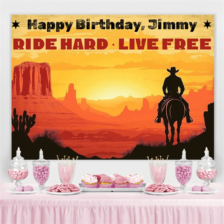 Toile de fond Anniversaire Personnalisée Cowboy Occidental Coucher de Soleil CSH4-30
