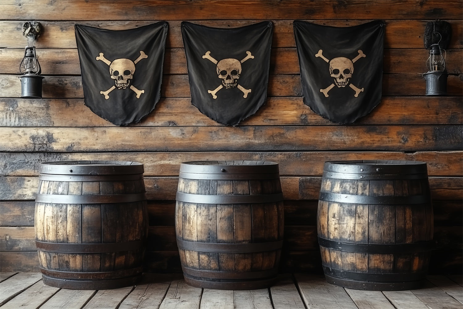 Toile de fond Vintage Taverne Pirate Barils Drapeaux CSH4-313