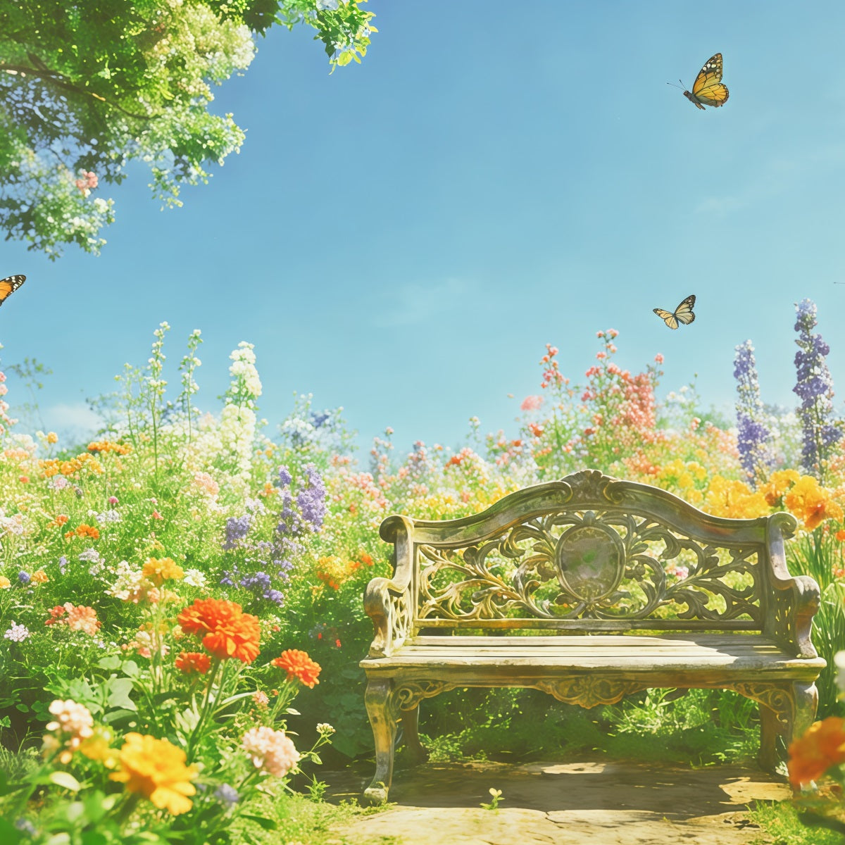 Fond Studio Photo Floral Banc Fleurs Sauvages Baigné De Soleil Papillon CSH61-119