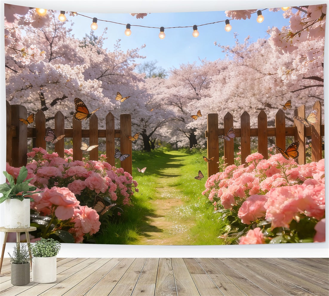 Toile de fond Printemps Clôture Fleurs Pastel Papillons CSH61-134