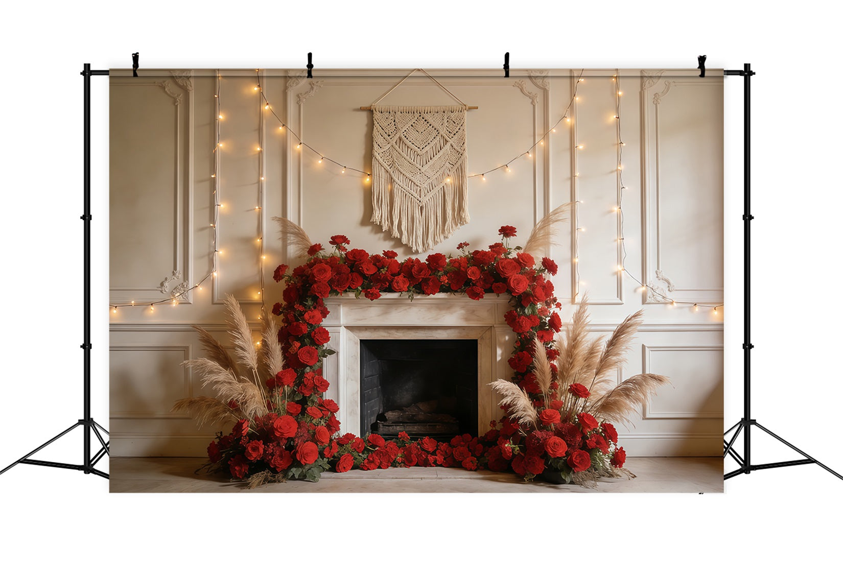 Fond Studio Photo Floral Cheminée Roses Pampas Lueur CSH61-135
