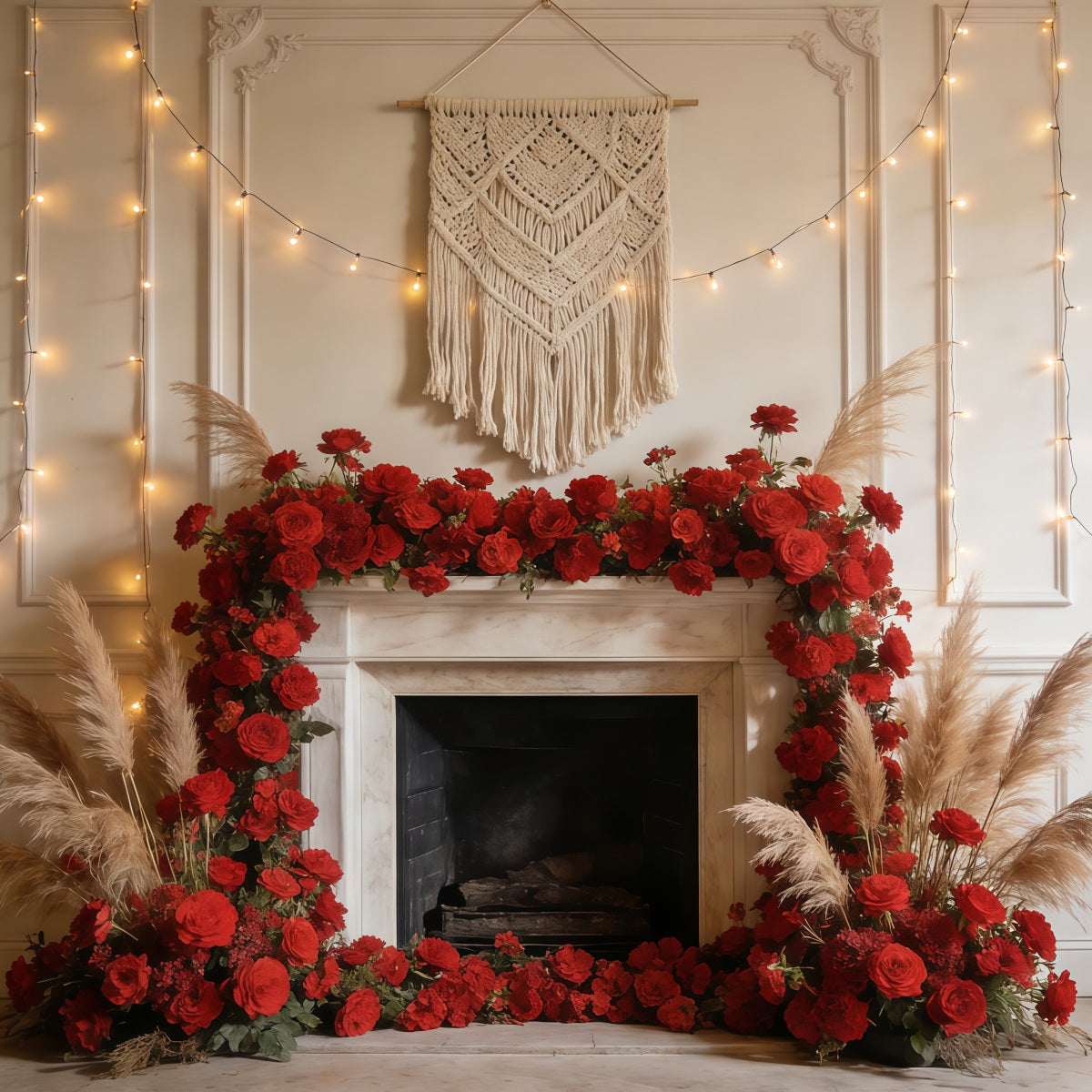 Fond Studio Photo Floral Cheminée Roses Pampas Lueur CSH61-135