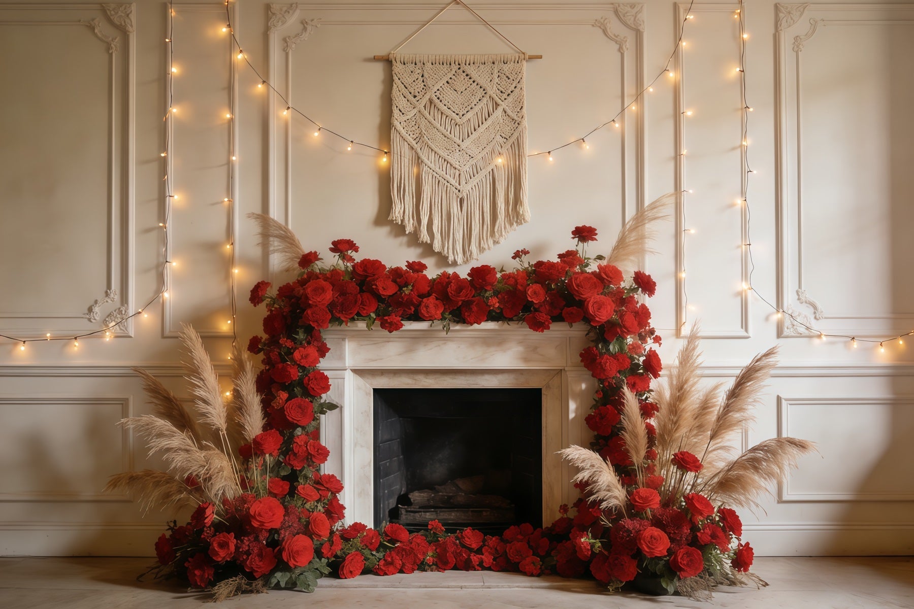 Fond Studio Photo Floral Cheminée Roses Pampas Lueur CSH61-135