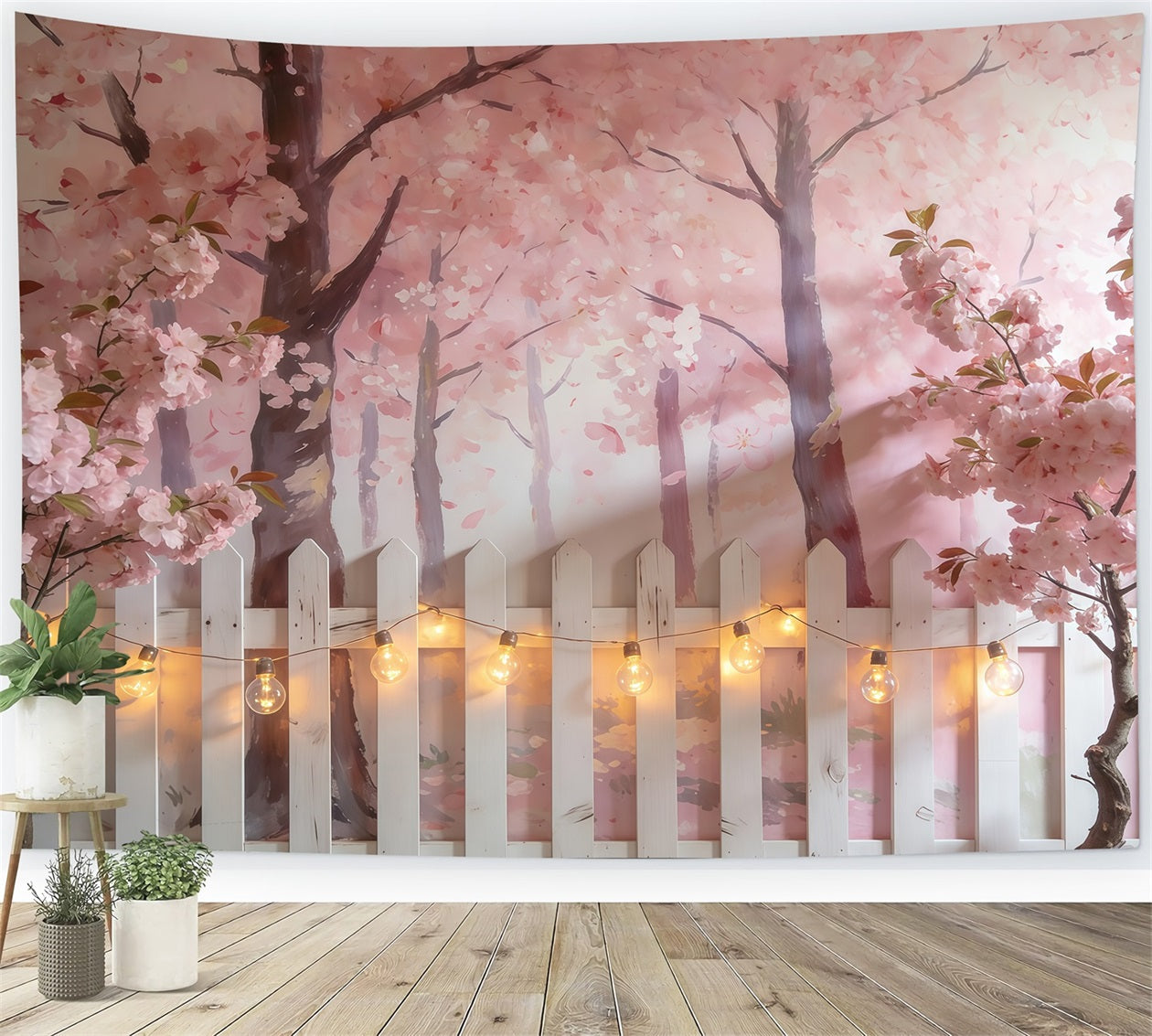 Fond Studio Photo Printemps Arbres Fleurs Roses Clôture Blanche CSH61-139
