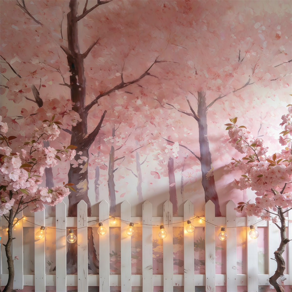 Fond Studio Photo Printemps Arbres Fleurs Roses Clôture Blanche CSH61-139