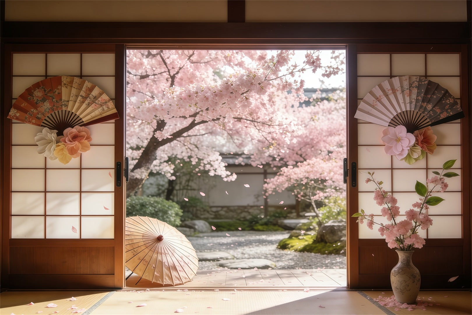 Toile de fond Printemps Cour Sakura Portes Coulissantes CSH61-142